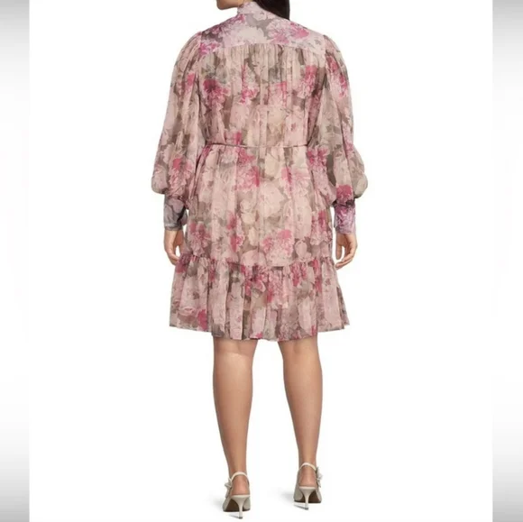 Alex Marie Lana Floral Print Long Puffed Sleeve Mock Neck Tiered Hem Dress
